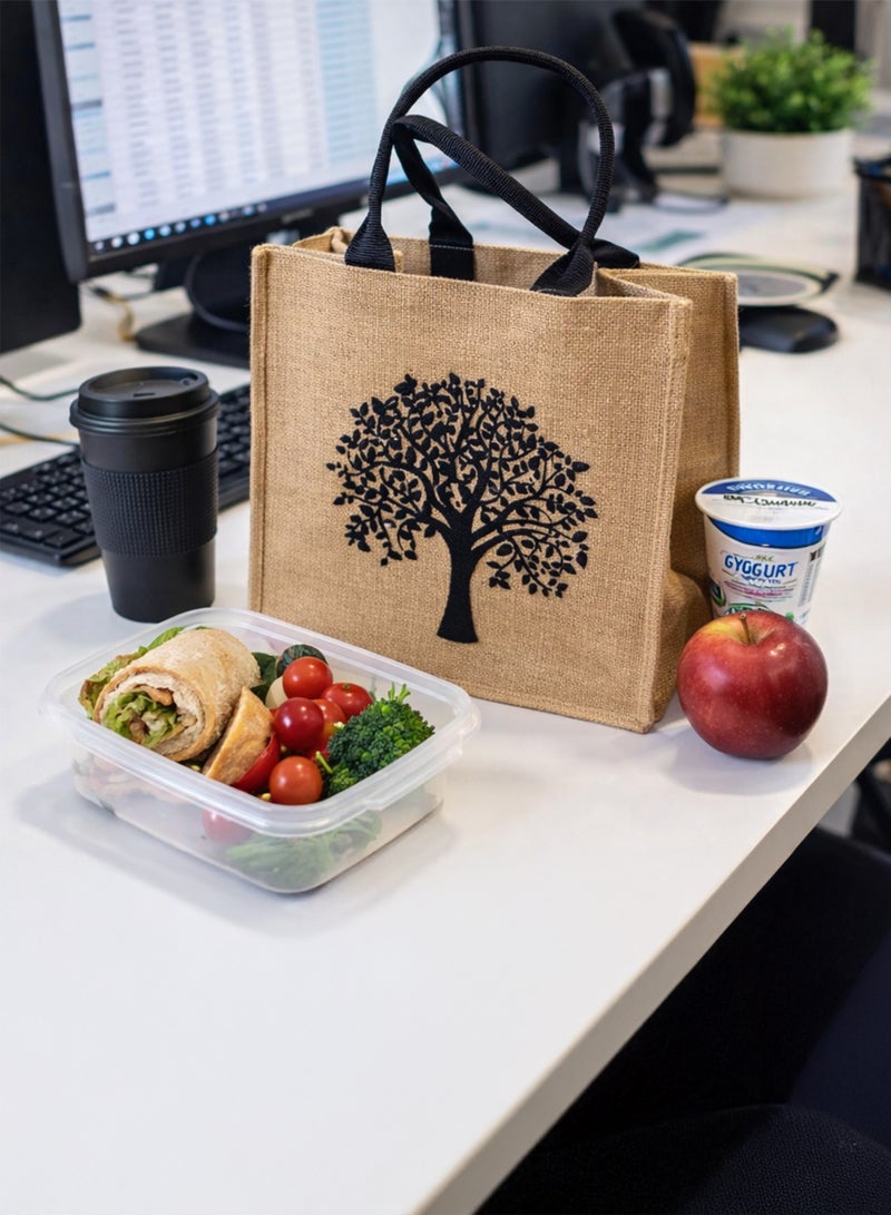 توشيونيكس حقيبة تسوق من الجوت صديقة للبيئة (34×31×12 سم) - حقيبة تسوق وحمل غداء قابلة لإعادة الاستخدام بمقابض متينة، حقيبة هدايا كبيرة من الخيش الطبيعي، حقيبة يد يومية للمكتب والبقالة بنقشة شجرة - Image 4